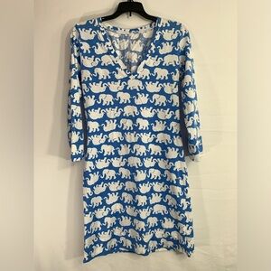 Lilly Pulitzer S Elephant Blue White 3/4 Sleeve Neck 100% Pima Cotton‎ Dress